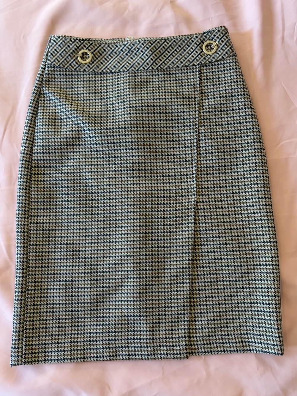 H&M Black, Mustard Yellow & White Houndstooth Pencil Skirt with Button Detail